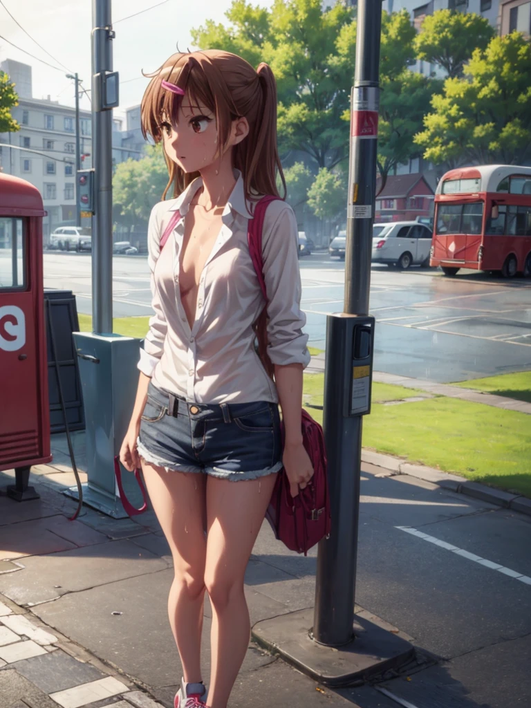 Girl,  Shirt unbuttoned, You can see her breasts, Bus stop in the Field  background, openlegs, Bare chest, small breast, slim body, Sneakers , wet body, Wet hair, rain