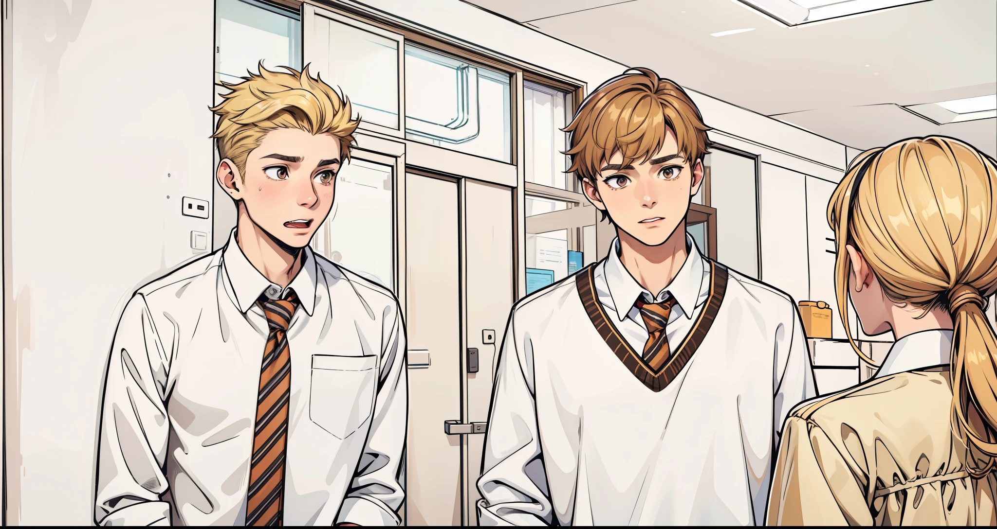 There are two 18-year-olds with brown hair and honey-colored eyes. They are scared and surprised.. They talk to a woman, her back is turned, she has blonde hair.