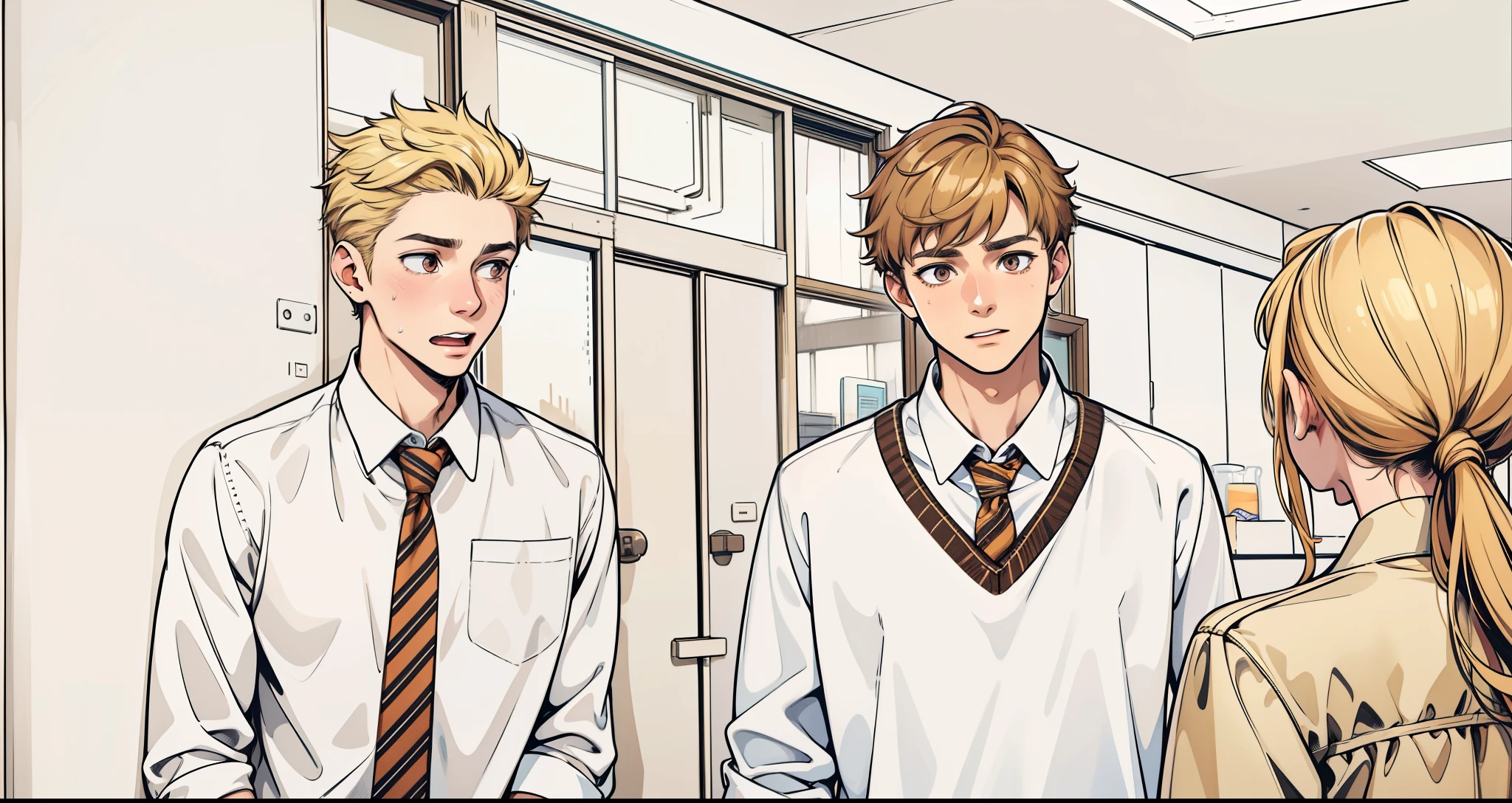 There are two 18-year-olds with brown hair and honey-colored eyes. They are scared and surprised.. They talk to a woman, her back is turned, she has blonde hair.
