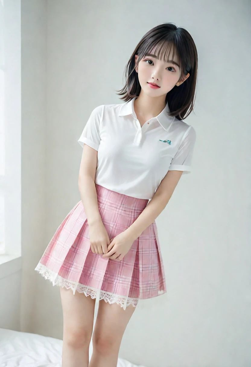 (Highest quality:1.9)、(High resolution)、Live-action image quality、((19 year old female university student、1 person))、Soft lighting by a professional photographer、Natural light、((Very spacious white luxurious room:1.6))、((Bright white room:1.6))、(Standing in front of a very luxurious white bed:1.2)、(White bookshelf background:1.1)、Natural soft light、((Black Hair Color:1.1))、Fair skin、Detailed Eyes、double eyelid、Slightly puffy cheeks、((Small Face:1.0))、((Pink lace short sleeve shirt、Checked mini skirt、Please wear it with the chest open.:1.7))、(smile)、((Girly pose 1.8))、((short hair:1.1))、((Full Body Shot:1.2))、((Height: 145cm))、Hands in front、Hold hands between legs、bangs、