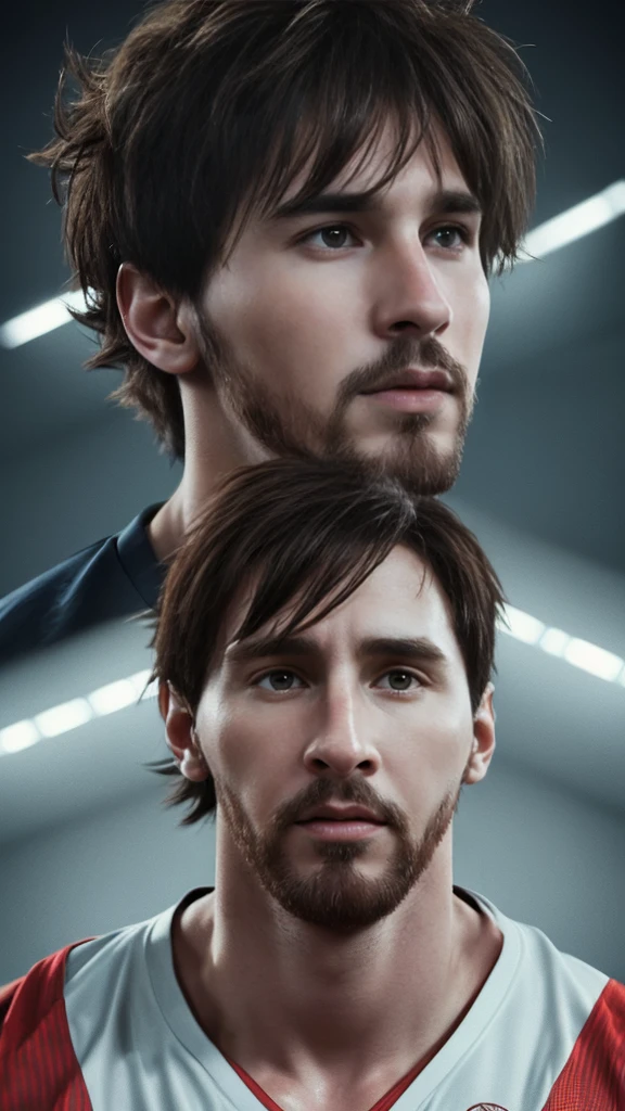 a photorealistic portrait of messi and goku, detailed face, detailed eyes, detailed nose, detailed lips, elegant hairstyle, muscular physique, powerful aura, dynamic pose, dramatic lighting, cinematic composition, vibrant colors, digital art, highly detailed, intricate details, masterpiece, 8k, photorealistic, hyperrealistic, hyper detailed, stunning, cinematic, epic, dramatic