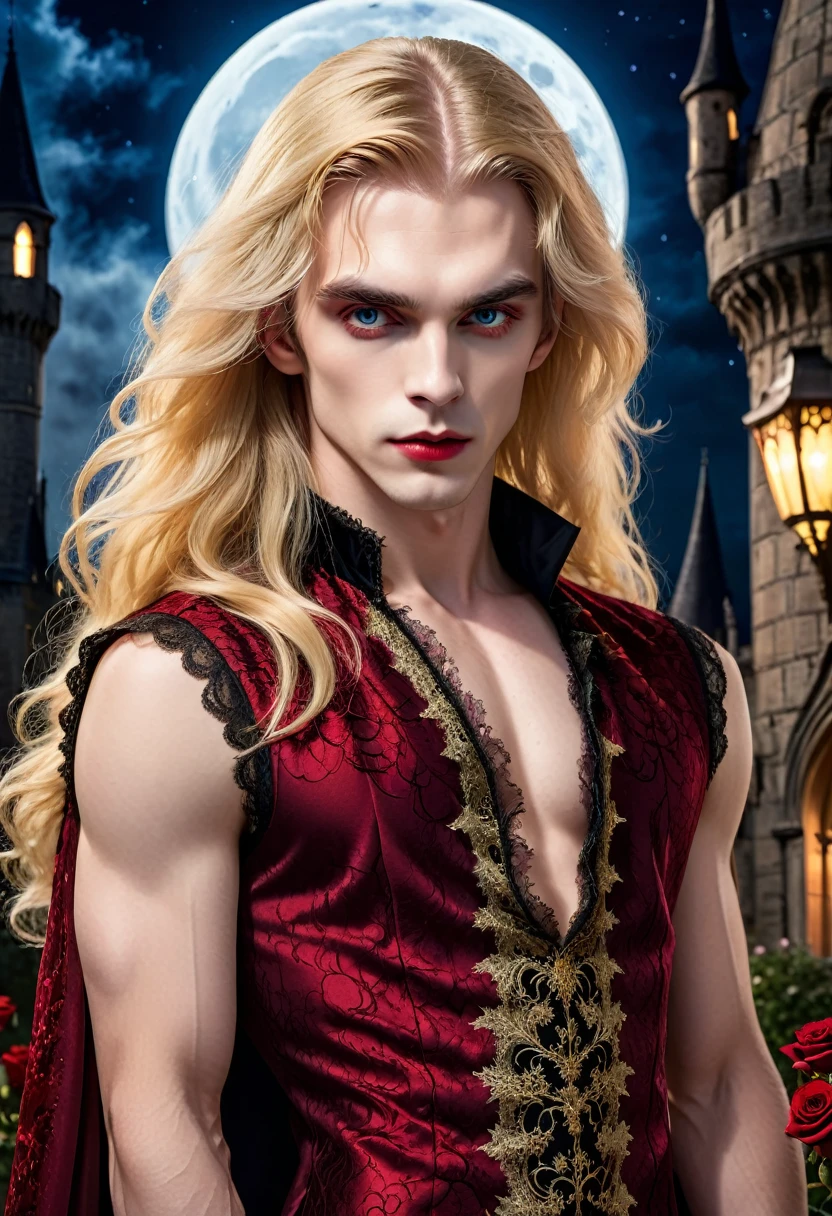 masterpiece, highest quality, (solo focus), (perfect face:1.1), (high detail:1.1), (hyper detailed eyes), dramatic, 1guy, (Pale skin), long blonde hair, (gold irises), individual focus, Vampire, long hair, moon, night, Red lace sleeveless dress, pouty lips, castle, detailed background, realistic photo, cinematic lighting, red roses, fashion lace dress on male vampire,  full-body view 