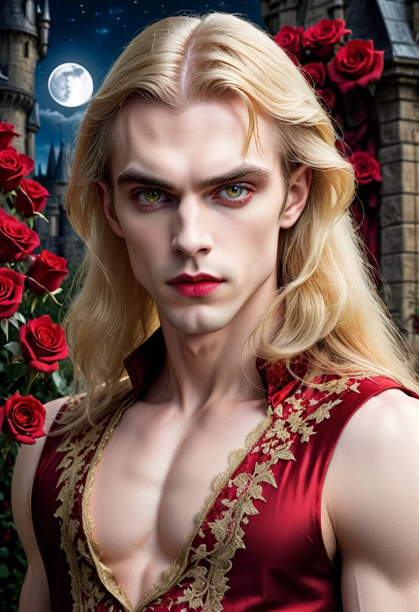 masterpiece, highest quality, (solo focus), (perfect face:1.1), (high detail:1.1), (hyper detailed eyes), dramatic, 1guy, (Pale skin), long blonde hair, (gold irises), individual focus, Vampire, long hair, moon, night, Red lace sleeveless dress, pouty lips, castle, detailed background, realistic photo, cinematic lighting, red roses, fashion lace dress on male vampire,  full-body view 