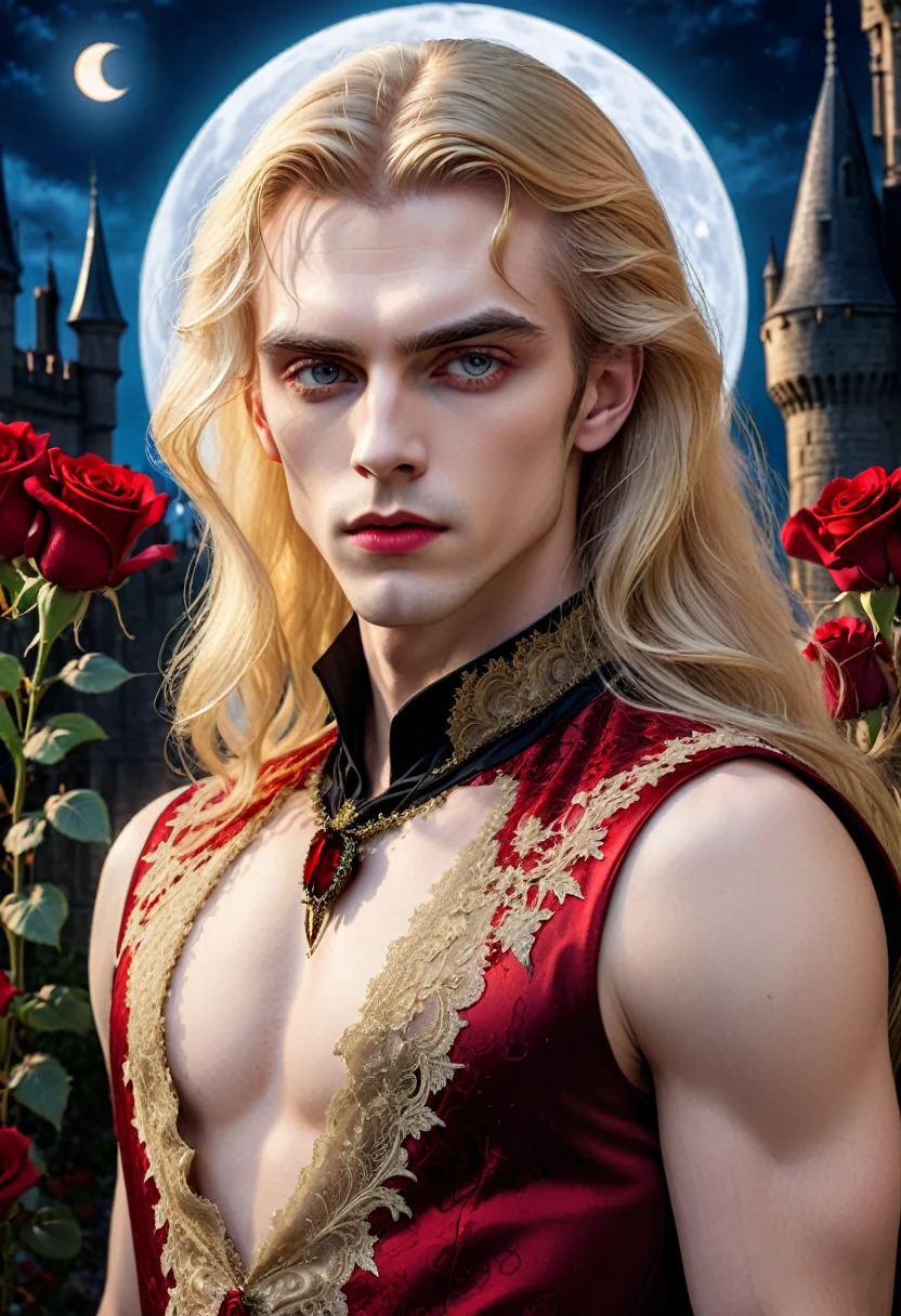 masterpiece, highest quality, (solo focus), (perfect face:1.1), (high detail:1.1), (hyper detailed eyes), dramatic, 1guy, (Pale skin), long blonde hair, (gold irises), individual focus, Vampire, long hair, moon, night, Red lace sleeveless dress, pouty lips, castle, detailed background, realistic photo, cinematic lighting, red roses, fashion lace dress on male vampire,  full-body view 