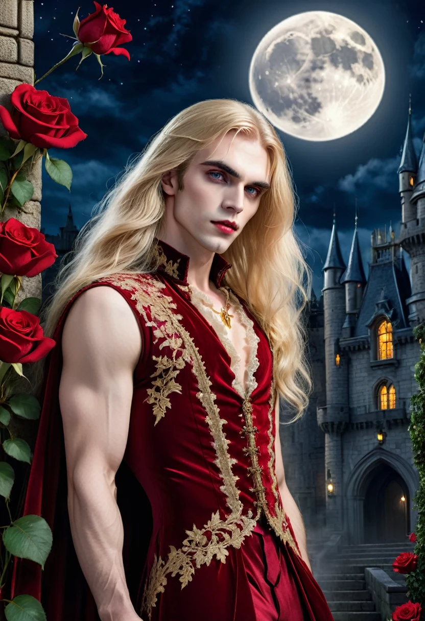 masterpiece, highest quality, (solo focus), (perfect face:1.1), (high detail:1.1), (hyper detailed eyes), dramatic, 1guy, (Pale skin), long blonde hair, (gold irises), individual focus, Vampire, long hair, moon, night, Red lace sleeveless dress, pouty lips, castle, detailed background, realistic photo, cinematic lighting, red roses, fashion lace dress on male vampire,  full-body view 