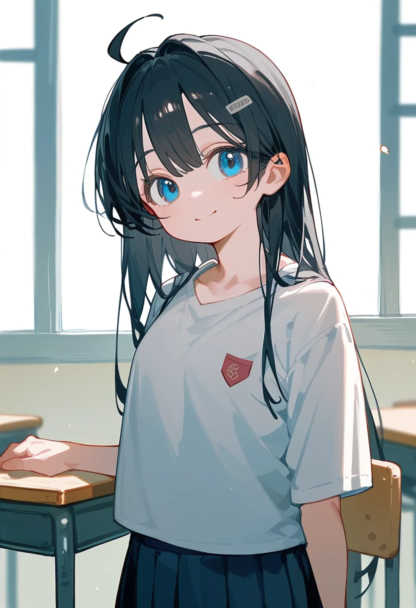 One Girl、Black Hair、Long Hair、Straight Hair、Ahoge、high school student、smile、Dark blue eyes、Big eyes、shirt、Background School
