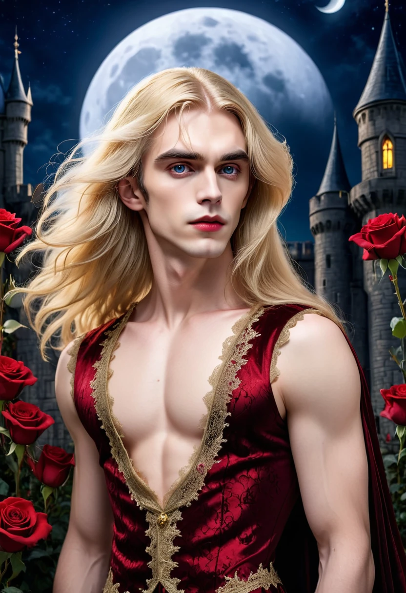 masterpiece, highest quality, (solo focus), (perfect face:1.1), (high detail:1.1), (hyper detailed eyes), dramatic, 1guy, (Pale skin), long blonde hair, (gold irises), individual focus, Vampire, long hair, moon, night, Red lace sleeveless dress, pouty lips, castle, detailed background, realistic photo, cinematic lighting, red roses, fashion lace dress on male vampire,  full-body view 