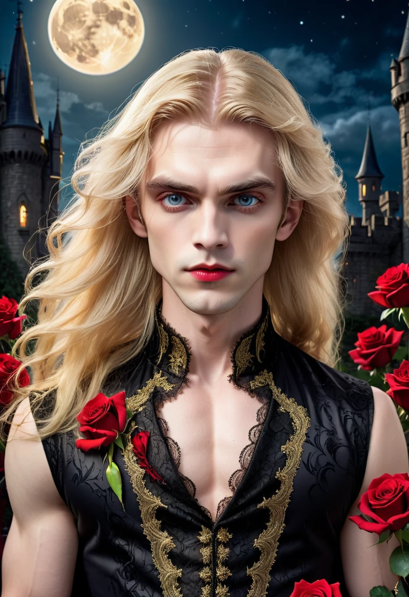 masterpiece, highest quality, (solo focus), (perfect face:1.1), (high detail:1.1), (hyper detailed eyes), dramatic, 1guy, (Pale skin), long blonde hair, (gold irises), individual focus, Vampire, long hair, moon, night, Red lace sleeveless dress, pouty lips, castle, detailed background, realistic photo, cinematic lighting, red roses, fashion lace dress on male vampire,  full-body view 