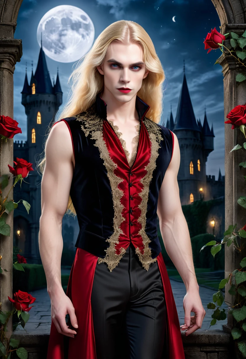 masterpiece, highest quality, (solo focus), (perfect face:1.1), (high detail:1.1), (hyper detailed eyes), dramatic, 1guy, (Pale skin), long blonde hair, (gold irises), individual focus, Vampire, long hair, moon, night, Red lace sleeveless dress, pouty lips, castle, detailed background, realistic photo, cinematic lighting, red roses, fashion lace dress on male vampire,  full-body view 