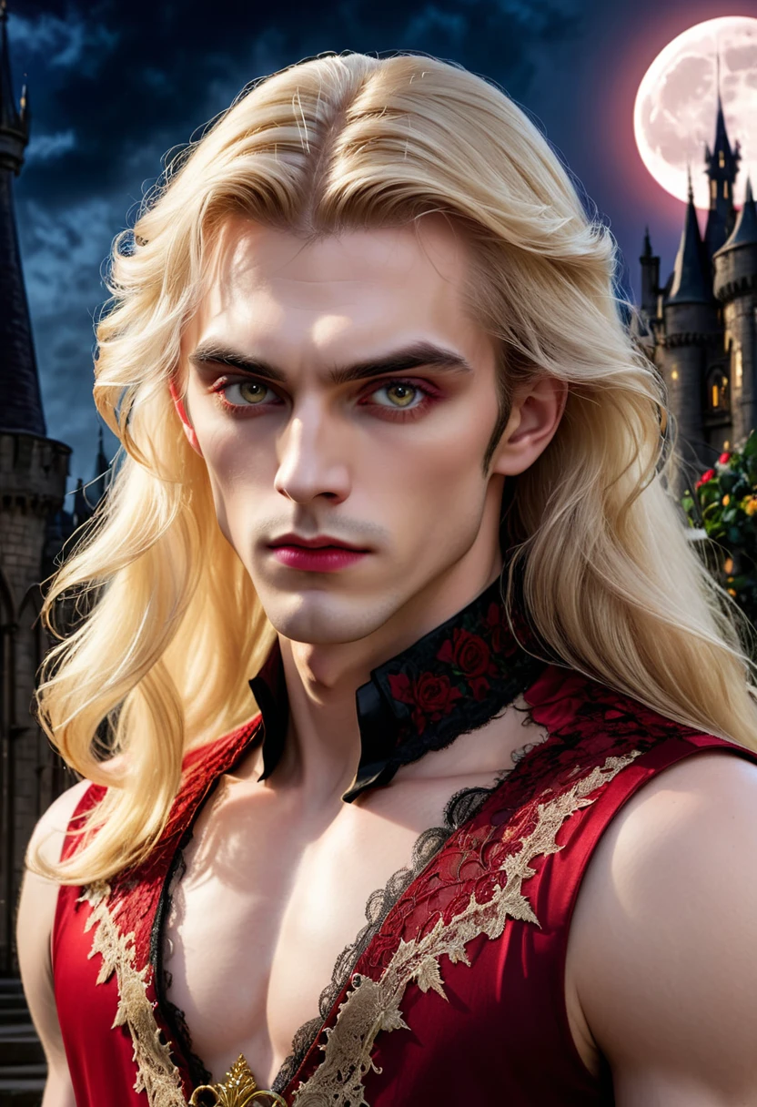 masterpiece, highest quality, (solo focus), (perfect face:1.1), (high detail:1.1), (hyper detailed eyes), dramatic, 1guy, (Pale skin), long blonde hair, (gold irises), individual focus, Vampire, long hair, moon, night, Red lace sleeveless dress, pouty lips, castle, detailed background, realistic photo, cinematic lighting, red roses, fashion lace dress on male vampire,  full-body view 