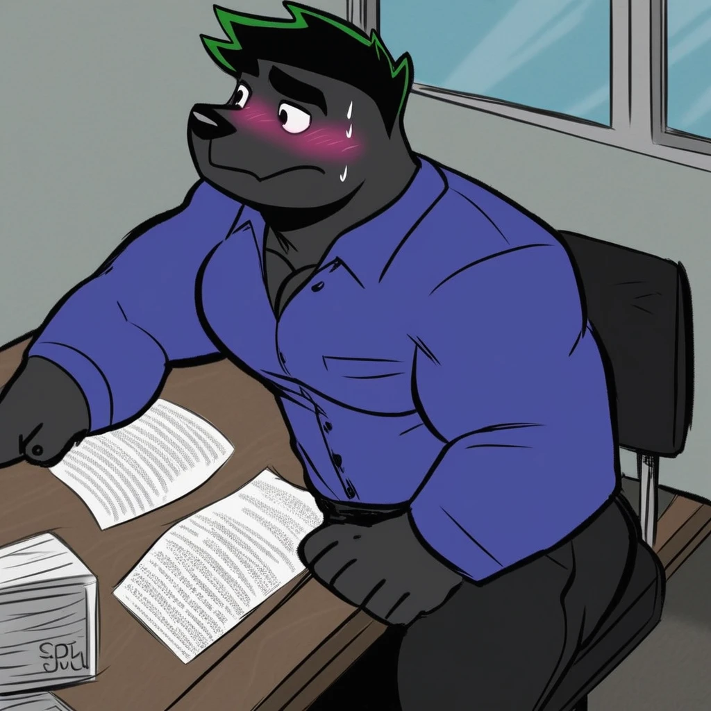 Generate an image based on this description verbatim. Do not remove or add anything to following prompt: painted furry artstyle, score_9, bara, chunie, darkgem, zoroj, lineart, warm tones, portrait, from above, sidelighting, source_cartoon, gentle light, gay eyecandy , sunglare, window, office space, black nervous panther, furry, solo, sitting behind desk, black fur, sweat, thick muscles filling out his clothes, he makes his clothes look small, long silky black hair makes his eyes not visible, blush, nervous smirking, unbutton shirt, office cubicle, open white office clothes, black pants, loose tie, indoor, desk, chair, embarrassed,