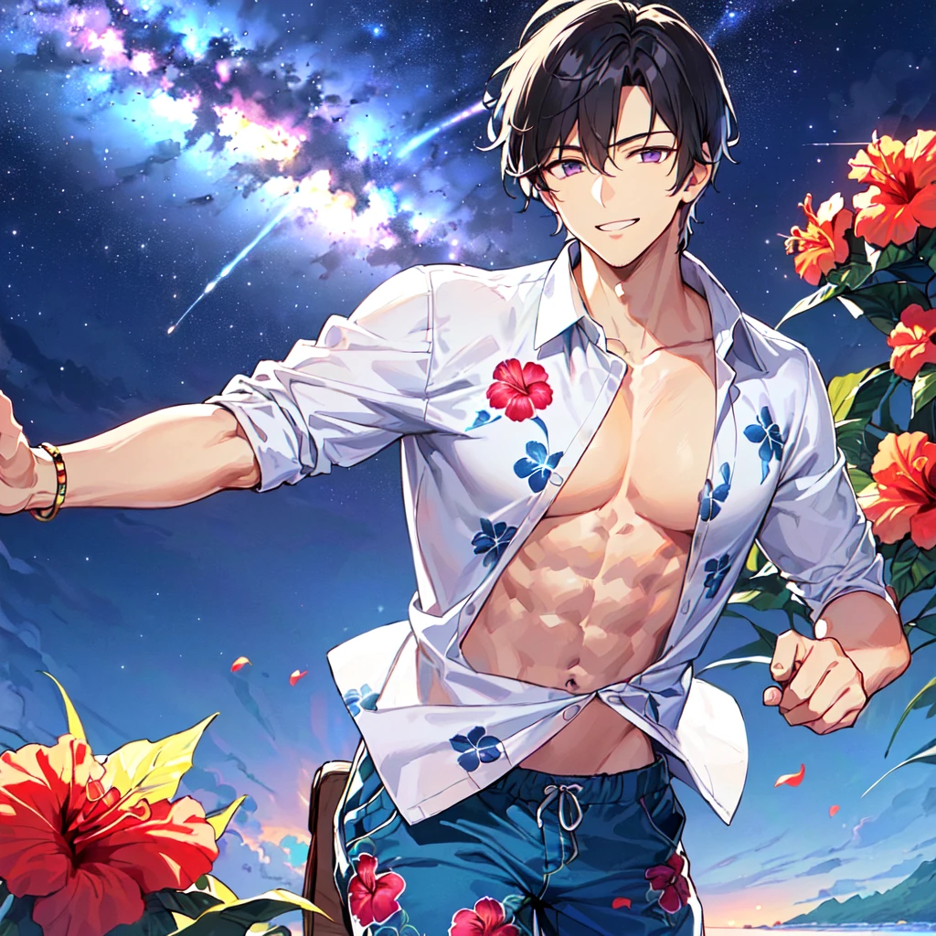 masterpiece,best quality,high quality,extremely detailed,(1male austere handsome one solo adult age 30 years old:1.5),(purple eyes, cool with suspended eyes), body strong and fearless 8.5 head tall and 185cm tall,(well-groomed black hair short hair to neck:1.4), (bangs parted in 7 thirds:1.4), (pectoral and rectus abdominis:1.3), slender nose, facial muscles, (aloha shirt hibiscus print, half pants:1.3), (cool smile:1.3), (running:1.3), (stylish pose), (background tropical and Hibiscus:1.3) , (Milky Way Night Sky: 1.3), (upper body:1.3)