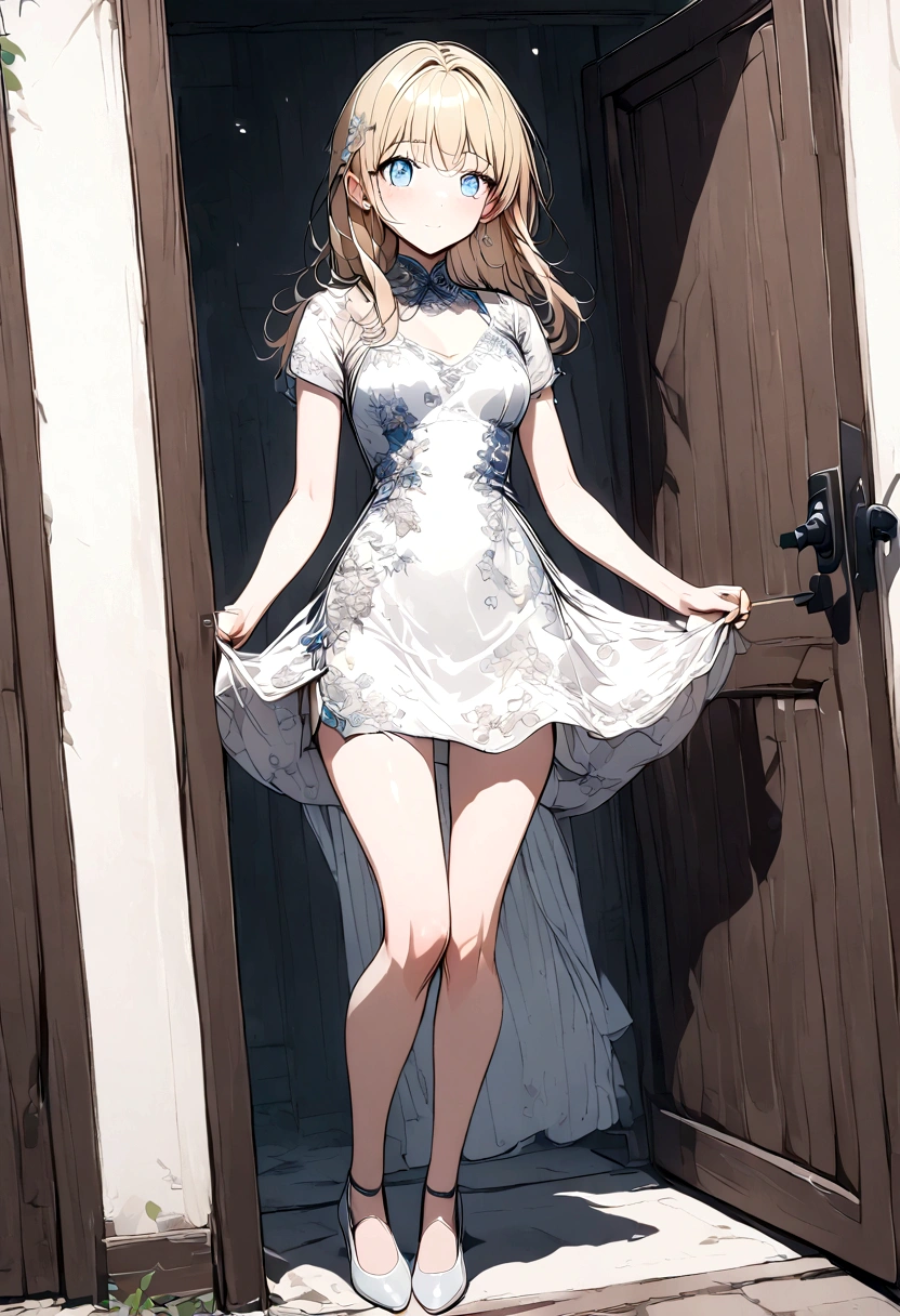 Anime. Baby. Princess. Blonde. Long hair. Blue eyes. Beautiful eyes. Light dress. Shoes. Urinary incontinence. Pee. Wants to pee. I need to pee. A very strong, desperate urge to pee. presses his hand tightly to his crotch. I peed. Pees while standing. Pissing to himself. Pissing in panties. I peed myself. Urine runs down my thighs. There is a wet spot on the crotch of the dress. The girl can't stand straight. Fantasy city. Lock. Corridor . At the entrance to the toilet. Full height. Standing. Full body.