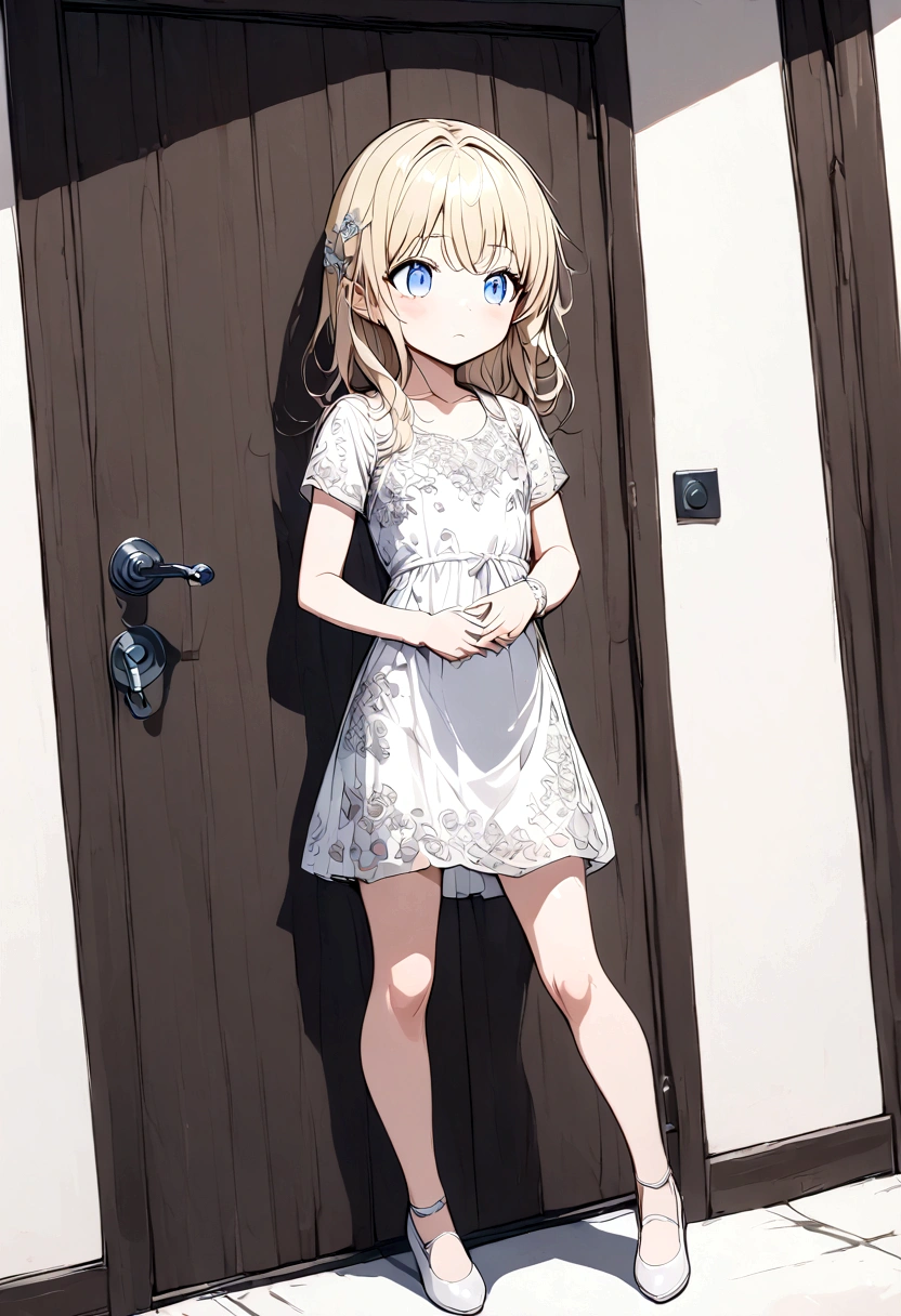Anime. Baby. Princess. Blonde. Long hair. Blue eyes. Beautiful eyes. Light dress. Shoes. Cold. Runny nose. Snot. Nasal mucus. Sneeze. Sneezing. Sneezes. Snot flows from the nose. Wants to chug. I have to sneeze. Very strong desperate desire to sneeze. She sneezed. She sneezed. She sneezes while standing. Fantasy city. Lock. Corridor . At the entrance to the toilet. Full height. Standing. Full body.