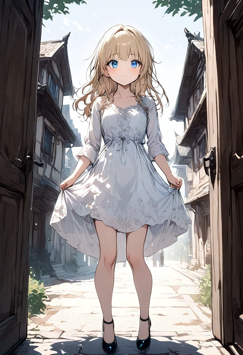 Anime. Baby. Princess. Blonde. Long hair. Blue eyes. Beautiful eyes. Light dress. Shoes. Cold. Runny nose. Snot. Nasal mucus. Sneeze. Sneezing. Sneezes. Snot flows from the nose. Wants to chug. I have to sneeze. Very strong desperate desire to sneeze. She sneezed. She sneezed. She sneezes while standing. Fantasy city. Lock. Corridor . At the entrance to the toilet. Full height. Standing. Full body.