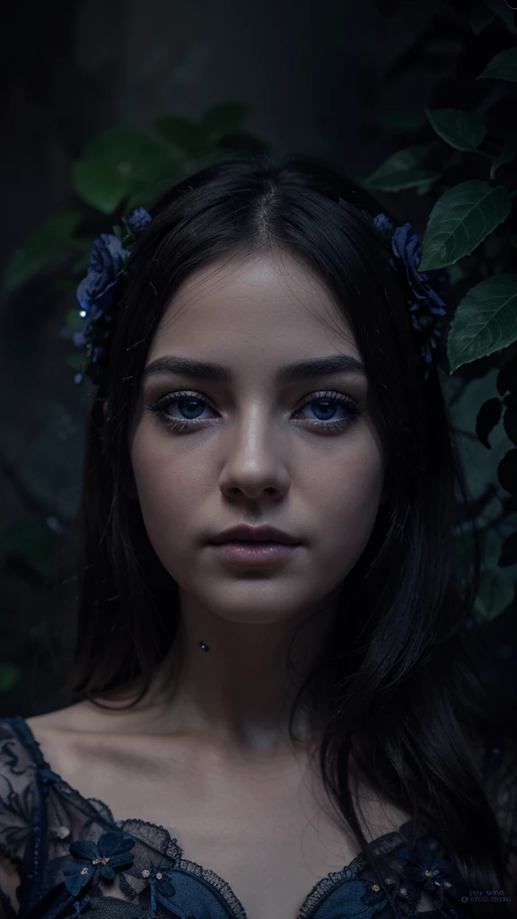 a dark blue girl,beautiful detailed eyes,beautiful detailed lips,extremely detailed eyes and face,long eyelashes,girl in a dark blue fantasy garden,ornate floral patterns,delicate vines,bioluminescent glowing flowers,dramatic lighting,volumetric fog,cinematic composition,award winning digital art,highly detailed,intricate,cinematic,epic,dramatic,chiaroscuro lighting