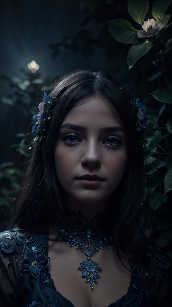 a dark blue girl,beautiful detailed eyes,beautiful detailed lips,extremely detailed eyes and face,long eyelashes,girl in a dark blue fantasy garden,ornate floral patterns,delicate vines,bioluminescent glowing flowers,dramatic lighting,volumetric fog,cinematic composition,award winning digital art,highly detailed,intricate,cinematic,epic,dramatic,chiaroscuro lighting