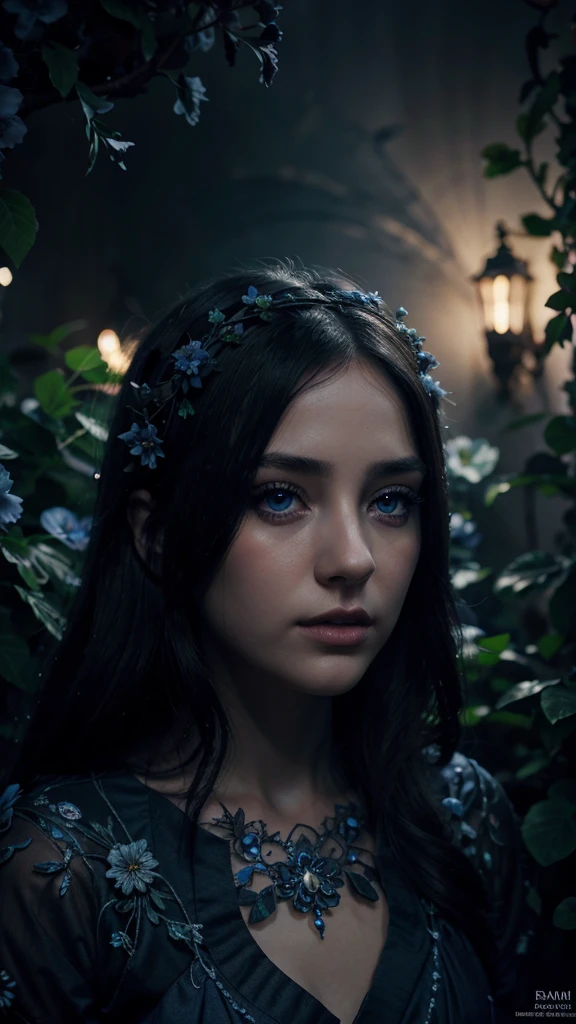 a dark blue girl,beautiful detailed eyes,beautiful detailed lips,extremely detailed eyes and face,long eyelashes,girl in a dark blue fantasy garden,ornate floral patterns,delicate vines,bioluminescent glowing flowers,dramatic lighting,volumetric fog,cinematic composition,award winning digital art,highly detailed,intricate,cinematic,epic,dramatic,chiaroscuro lighting