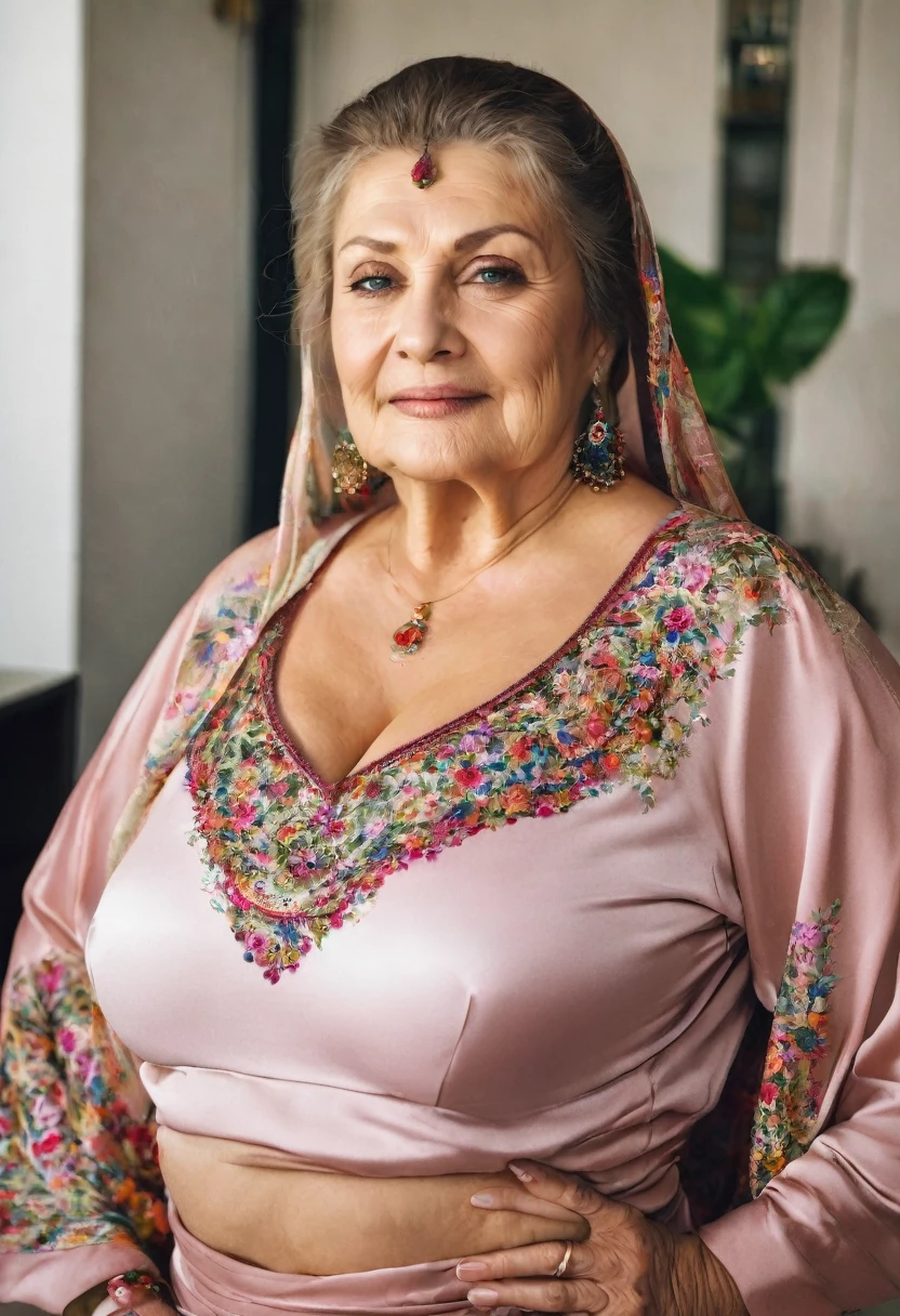 A 60 year old Russian woman with huge breasts, curvy 