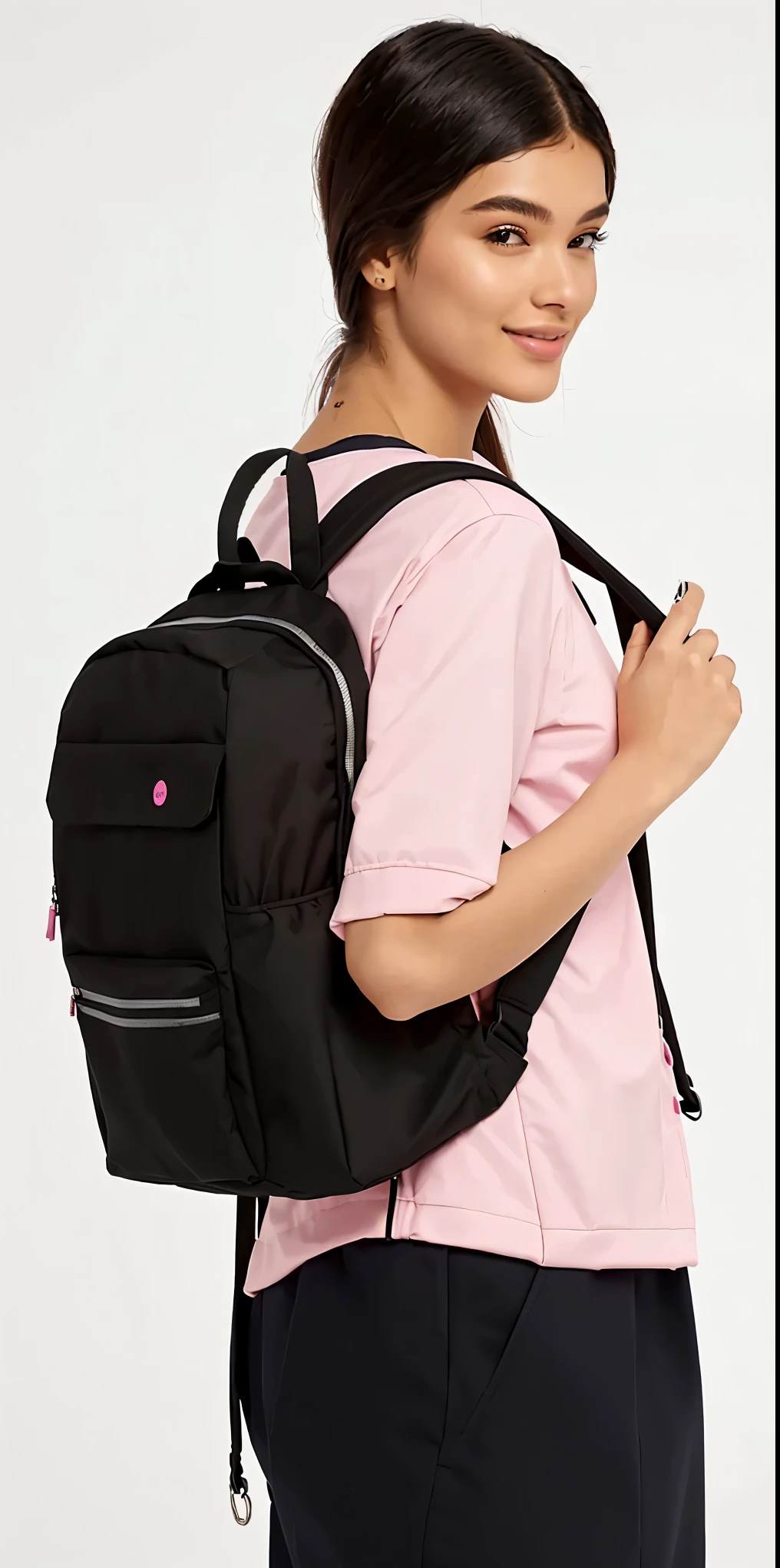 a woman in a pink shirt and black schoolbag posing for a picture, schoolbag, with a schoolbag, school if, ifs, a schoolbag, with two front pockets, remote control disco schoolbag, a man wearing a schoolbag, if, the man have a schoolbag, Puffer coat, fashionable, wearing strawberry schoolbag, item, facing backwards, small, back view