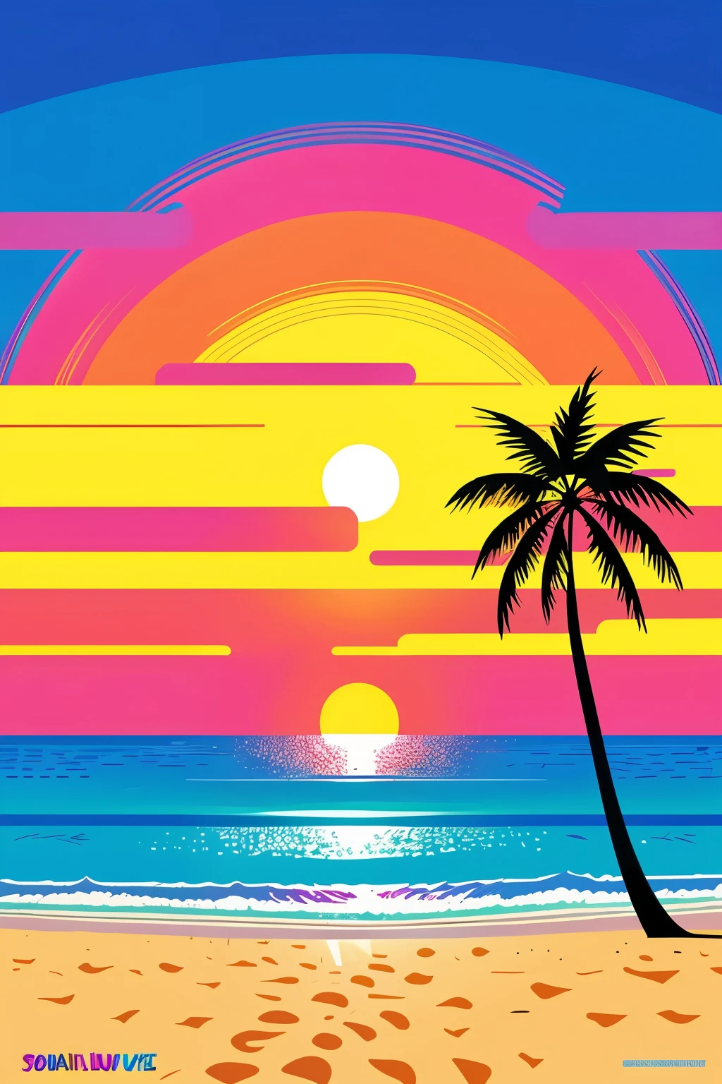 "Design an illustration of a vibrant beach scene with palm trees and a sun, rendered in a vector style. Incorporate a synthwave aesthetic with bold neon colors in purple, blue, red, and orange against a dark backdrop."