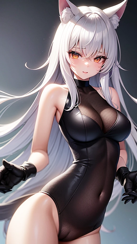 a single wolf girl with a black suit standing in middle of the night with a gun, 1girl, humanoid, anthro girl, furry girl, wolf ears, white hair, black blindfold, night in the city, poker face, no eyes, black suit, voluptuous, beautiful background, 4k, insanely detailed, beautifully lit, masterpiece, best quality, ultra-detailed