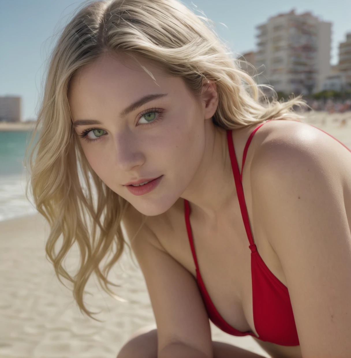 a young woman with blonde hair and light green eyes, sitting in a corner of the beach, in Gandia, Valencia, Spain, wearing a Passion Red bikini, with her hair in soft waves and a curious smile on her face, on the beach there are cocktail glasses creating a suggestive backdrop for the cosmopolitan scene, hyperrealistic, 8K UHD, realistic skin texture, imperfect skin, taken with a Canon EOS 5D Mark IV, extremely detailed, masterpiece,