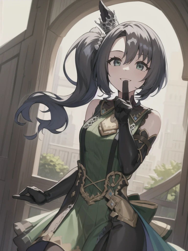 (masterpiece, best quality:1.2), solo, 1girl, satonocrown, smile, looking at viewer, waving, side ponytail, horse ears, ((elbow gloves)), horse tail