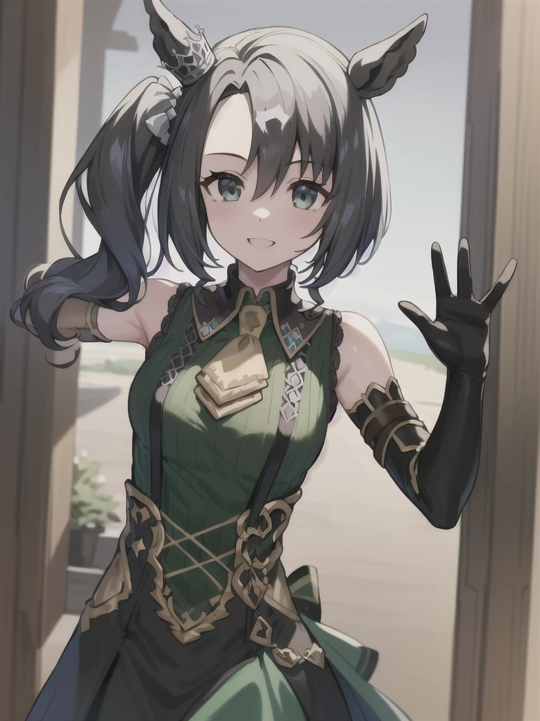 (masterpiece, best quality:1.2), solo, 1girl, satonocrown, smile, looking at viewer, waving, side ponytail, horse ears, ((elbow gloves)), horse tail