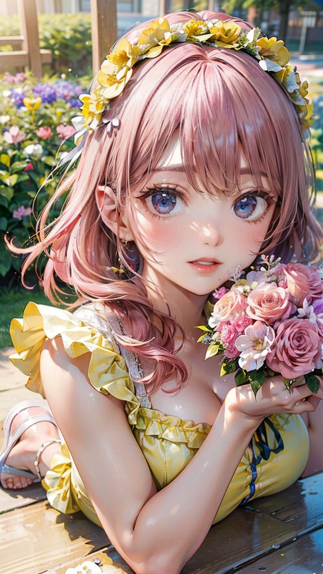(Masterpiece, BestQuality:1.3), (ultra detailed:1.2), (hyperrealistic:1.3), (RAW photo:1.2), High detail RAW color photo, professional photograph, (Photorealistic:1.4), (realistic:1.4), (Pink Hair:1.5), professional lighting, perfect anatomy, (Big Breasts:1.2), (blush, detailed face), (A happy smile:1.7), sexly, erotic sexly, Random sexy gravure poses, (Beautiful cosplayer wearing a yellow frilly dress、With an innocent smile in the flower field、holding a bouquet in her hand。Flower crown on head、On her feet she wears white sandals。:1.3)