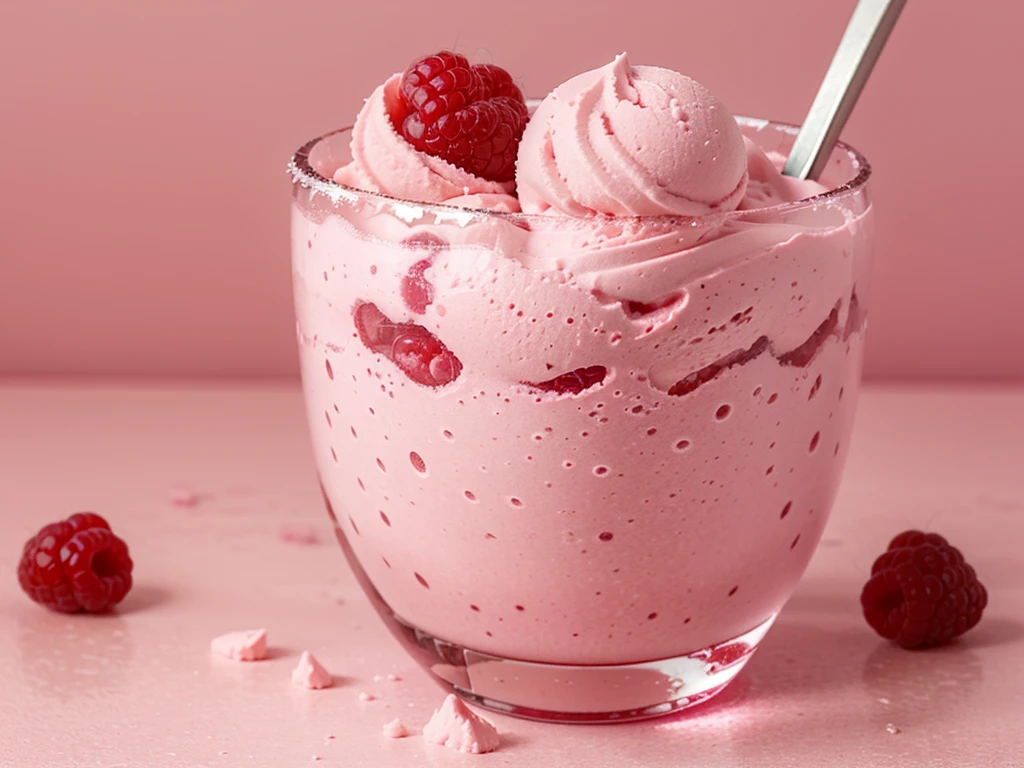 fresh raspberry style ice cream，pink background，in glass cup，some raspberrys on the ice cream