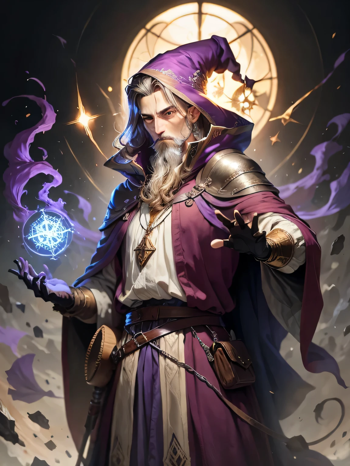 medieval wizard in action pose, with a Purple clothes 