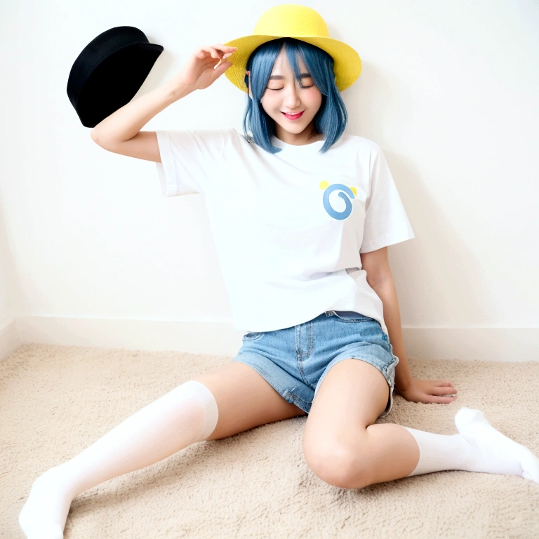 1girl, teenage, white long t-shirt, black stockings , no shoes, light blue medium hair, yellow hat, winking