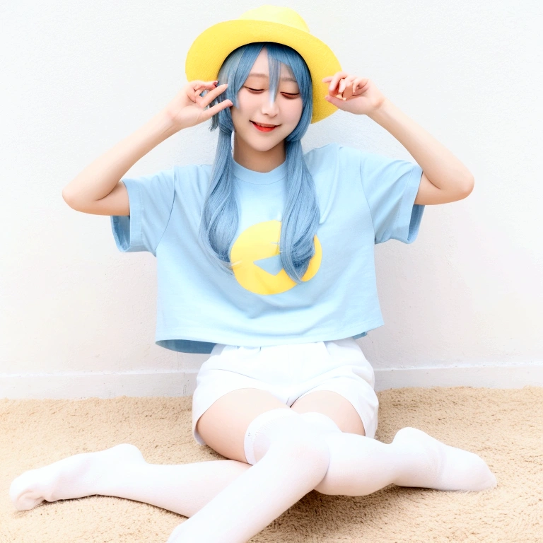 1girl, age, white long t-shirt, black stockings , no shoes, light blue medium hair, yellow hat, winking
