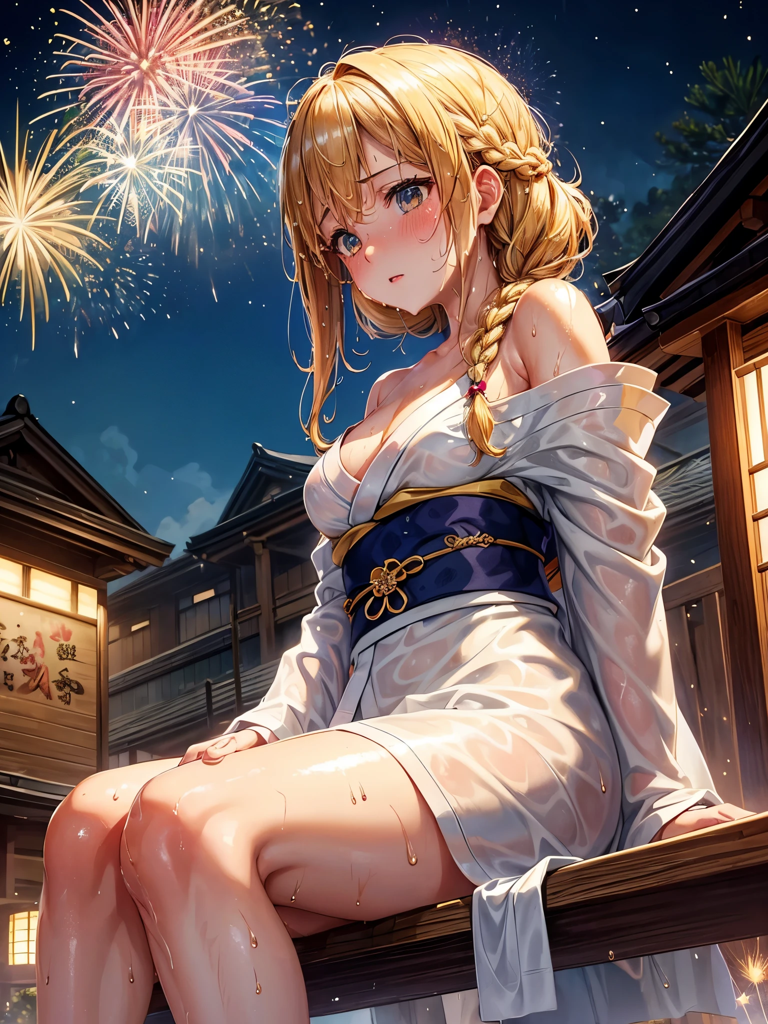 (highest quality)), ((masterpiece)), (family friendly), Perfect Face,Shiny skin,Beautiful breasts,Shiny skin、Kyoto Animation style painting、Hair、Golden Eyes、Sunburned skin、night、Braided Hair、(((firework)))、(((night)))、Sit on a bench、(((Sweat)))、(((wet)))、
、Off the shoulder、kimono、((stall))
、profile