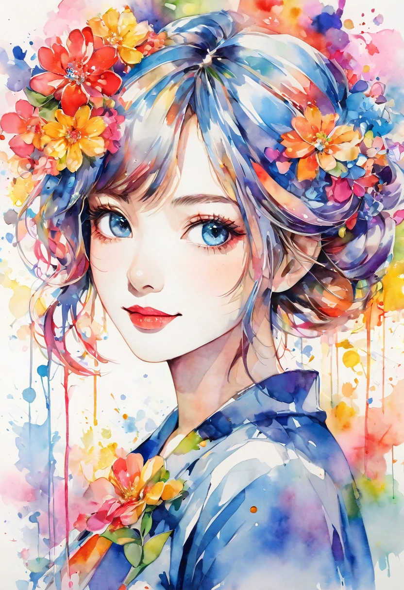 beautiful woman portrait, cute smile, Sylvia Pelissero watercolors, colorful flowers, beautiful eyes, upper body, abstract art, intense watercolor, watercolor detailed art, watercolor splash, surreal, avant-garde pop art, Beautiful and expressive paintings, Beautiful artwork illustration, very colorful tones, wonderful, cool beauty, highest quality, official art, women only, sharp outline, best shot, vector art, lips in love、 (((The strongest beautiful women of all time))), (((Japanese)))、clear, (((highest quality))), lips in love, HDR, ((Detailed details)), stylish fashion, detailed clothing texture, (((graffiti art))), colorful hair, ((masterpiece))、((Super detailed))