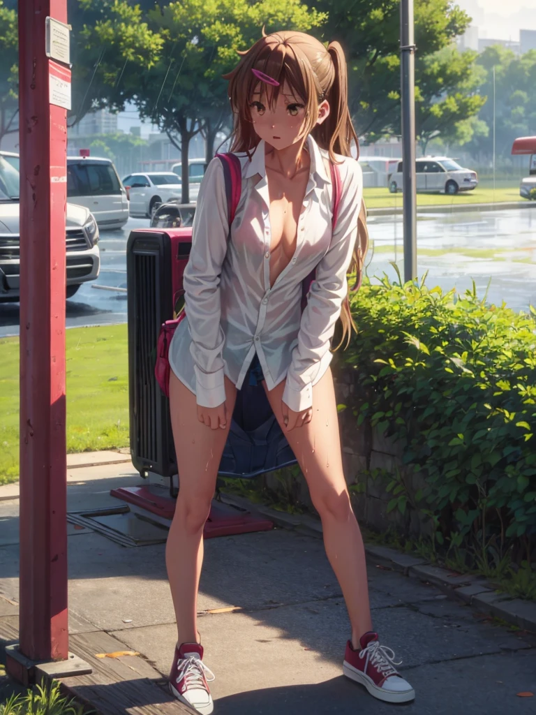 Girl, Shirt unbuttoned, You can see her breasts, Bus stop in the Field background, openlegs, Bare chest, small breast, slim body, Sneakers , wet body, Wet hair, rain
