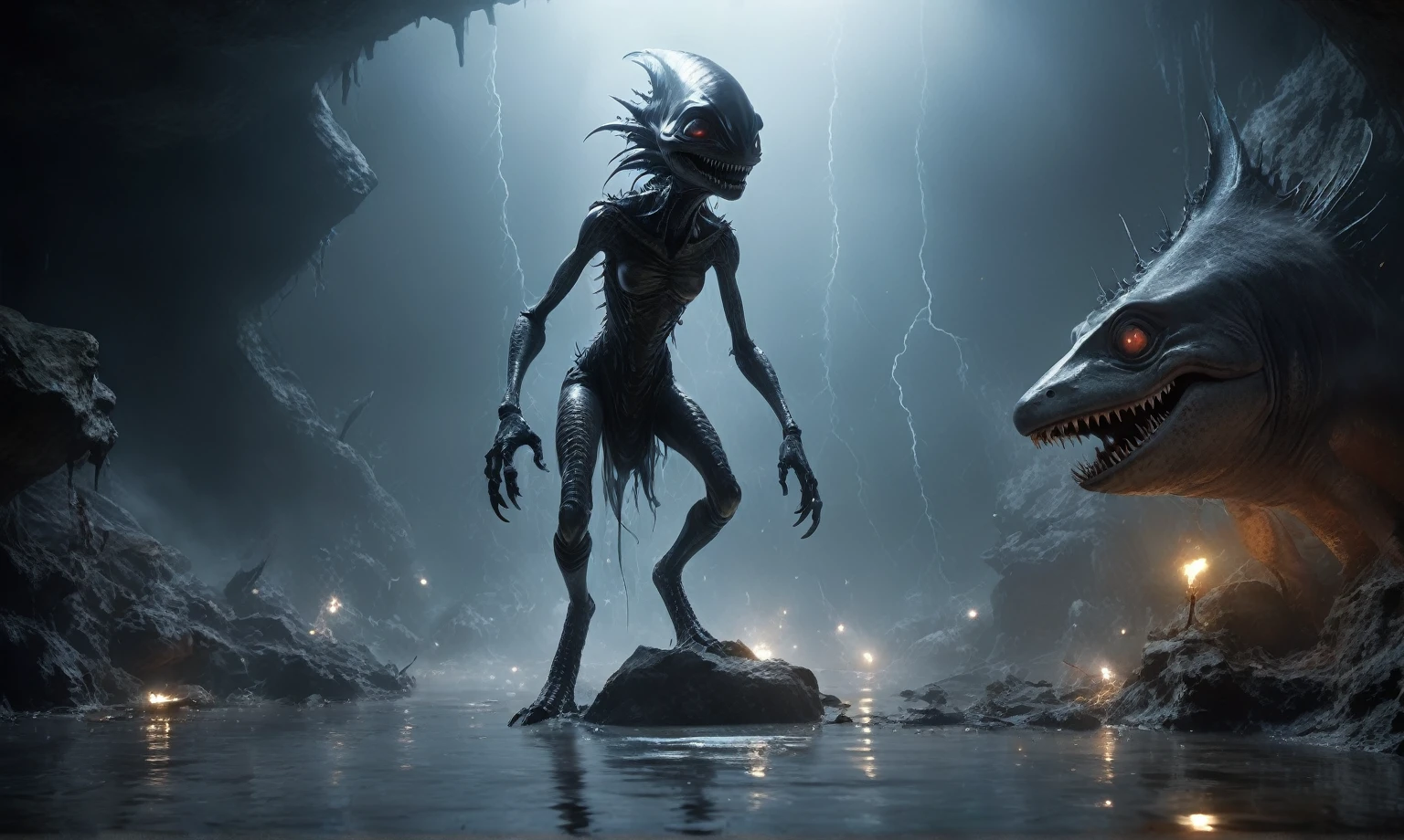 full body length,niobium goblin,native africa xenomorph,once pretty face,eyebrow up,full body shot,ominous landscape,niobium gray atmosphere,photo,photorealism,Masterpiece,natural skin textures, hyper realism,hyper detailed,High contrast,Realism,Ultra Detailed,irina yermolova,close full body shot,32K resolution,Nikon Z9, ,demonic, dust, smoke, audience, mist, featuring ultra-realistic and hyper-realistic elements,
  Marta Bevacqua, Ellen Jewett, Kawacy, Katsuya Terada, Carne Griffiths, explosive lightning, concert lighting,  bokeh,  luminal space that feels
 both bright and surreal. Includes liquid fluid elements for added depth and movement. Rendered in an unreal 
engine and post-processed to achieve . Evokes a sense of dreamy, ethereal,ancient rock paintings of the first people,of sharkfish's leather
and mystical mood,horror pixar movie still,thriller disney movie ,pixar render, animated ,suicide