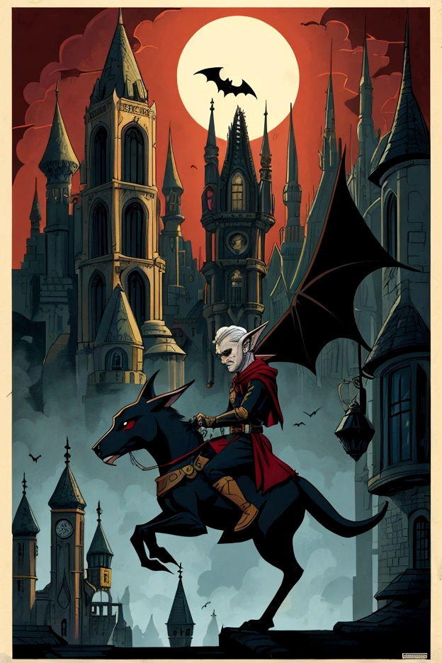 A charming piece of pop art by artist Cepriu, featuring a devious Bat Gil elf on a building. The illustration has an old comic book feel, with the handsome elf riding a dark Batseye looking down at the viewer.
The background shows a modern city of elfos. This work combines illustration, typography, poster design and painting to create a dark fantasy masterpiece.