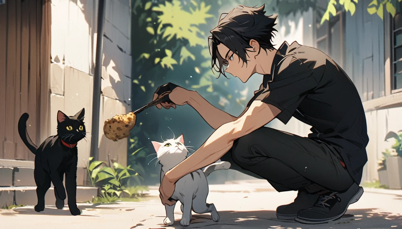 A cool boy, long black hair,handsome, kneeling position, feeding the cat, full body picture, outside, one black cat running around, 