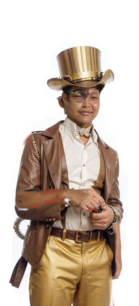 finely tailored waistcoat and frock coat made from rich, dark fabrics with intricate gold embroidery and brass buttons.
A high-collared white shirt with a cravat or an ascot tie, adding an air of elegance.
Well-fitted trousers with a subtle pinstripe pattern and polished leather boots with brass buckles.
Accessories:

A stylish top hat adorned with gears, cogs, and a pair of steampunk goggles with tinted lenses perched on the brim.
A monocle with a small magnifying lens, giving a nod to his mechanical expertise.
A pocket watch on a gold chain, with visible gears and mechanisms, attached to his waistcoat.
Leather gloves with brass knuckles and reinforced fingers, showing he’s not afraid to get his hands dirty.
Mechanical Enhancements:

A mechanical arm with intricate brass and copper details, featuring visible gears and pistons. The arm should look both functional and artistic.
A small steam-powered device or gadget strapped to his belt, showcasing his mechanical prowess.
Physical Appearance:

A well-groomed beard and mustache, styled in a manner befitting a man of his status.
Keen, intelligent eyes with a hint of curiosity and inventiveness.
A strong, confident posture, reflecting his status and expertise.
