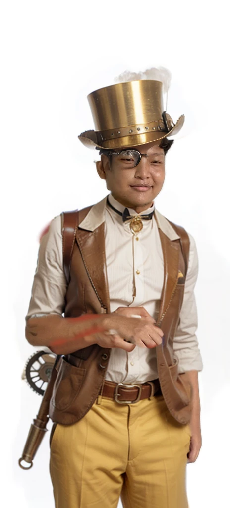 finely tailored waistcoat and frock coat made from rich, dark fabrics with intricate gold embroidery and brass buttons.
A high-collared white shirt with a cravat or an ascot tie, adding an air of elegance.
Well-fitted trousers with a subtle pinstripe pattern and polished leather boots with brass buckles.
Accessories:

A stylish top hat adorned with gears, cogs, and a pair of steampunk goggles with tinted lenses perched on the brim.
A monocle with a small magnifying lens, giving a nod to his mechanical expertise.
A pocket watch on a gold chain, with visible gears and mechanisms, attached to his waistcoat.
Leather gloves with brass knuckles and reinforced fingers, showing he’s not afraid to get his hands dirty.
Mechanical Enhancements:

A mechanical arm with intricate brass and copper details, featuring visible gears and pistons. The arm should look both functional and artistic.
A small steam-powered device or gadget strapped to his belt, showcasing his mechanical prowess.
Physical Appearance:

A well-groomed beard and mustache, styled in a manner befitting a man of his status.
Keen, intelligent eyes with a hint of curiosity and inventiveness.
A strong, confident posture, reflecting his status and expertise.
