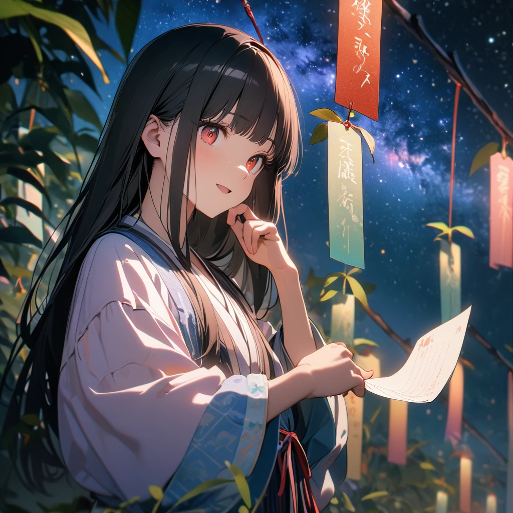 (8K, best quality, master piece: 1.2), super high resolution,1 girl,solo,****,ultra-detailed face,detailed eyes,red eyes,black hair,blunt bangs,Straight hair,Long hair,light smile, open mouth,Hanfu,The girl holding a wish paper with the Three "7" written on it,Tanabata Festival, Milky Way, night view, rim light,large tall bamboos and colorful hanging decoration