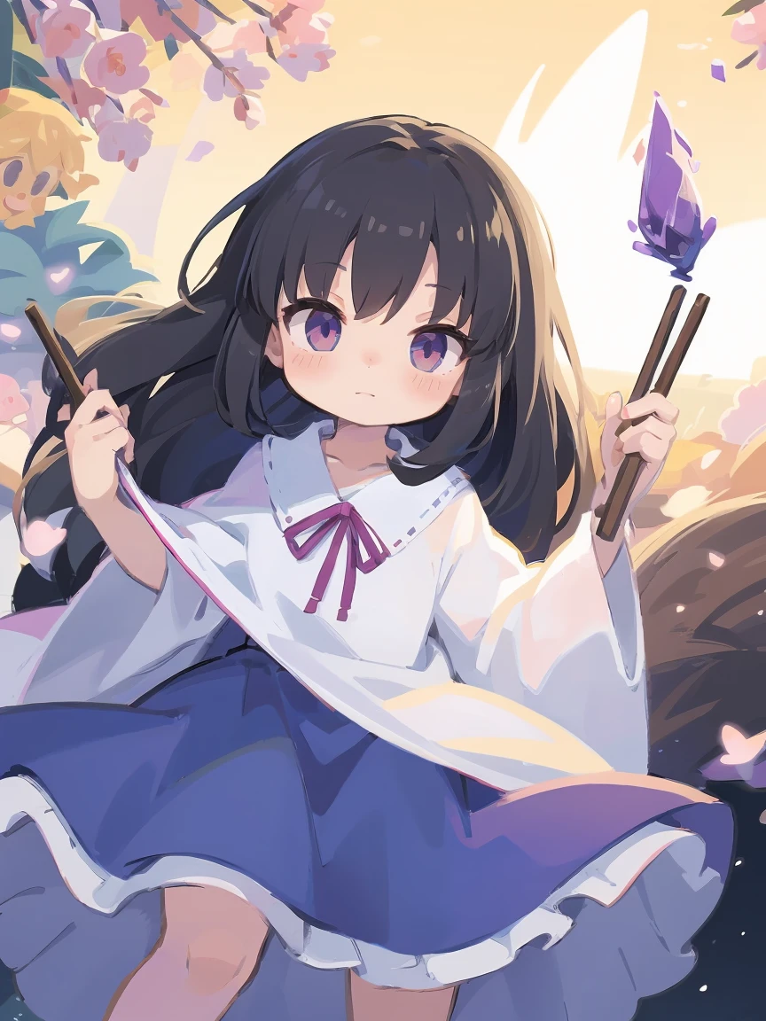 a cartoon image of a girl in a blue cape and white dress, an anime drawing by Jin Homura, pixiv, mingei, anime moe artstyle, tsuaii, anime girl named lucy, mayuri shiina from steins gate, anime style like fate/stay night, black - haired mage, touhou character, 