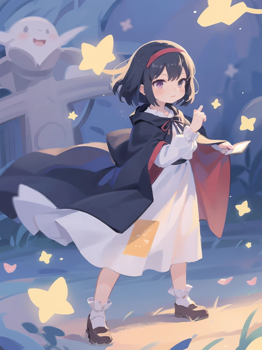 a cartoon image of a girl in a blue cape and white dress, an anime drawing by Jin Homura, pixiv, mingei, anime moe artstyle, tsuaii, anime girl named lucy, mayuri shiina from steins gate, anime style like fate/stay night, black - haired mage, touhou character,