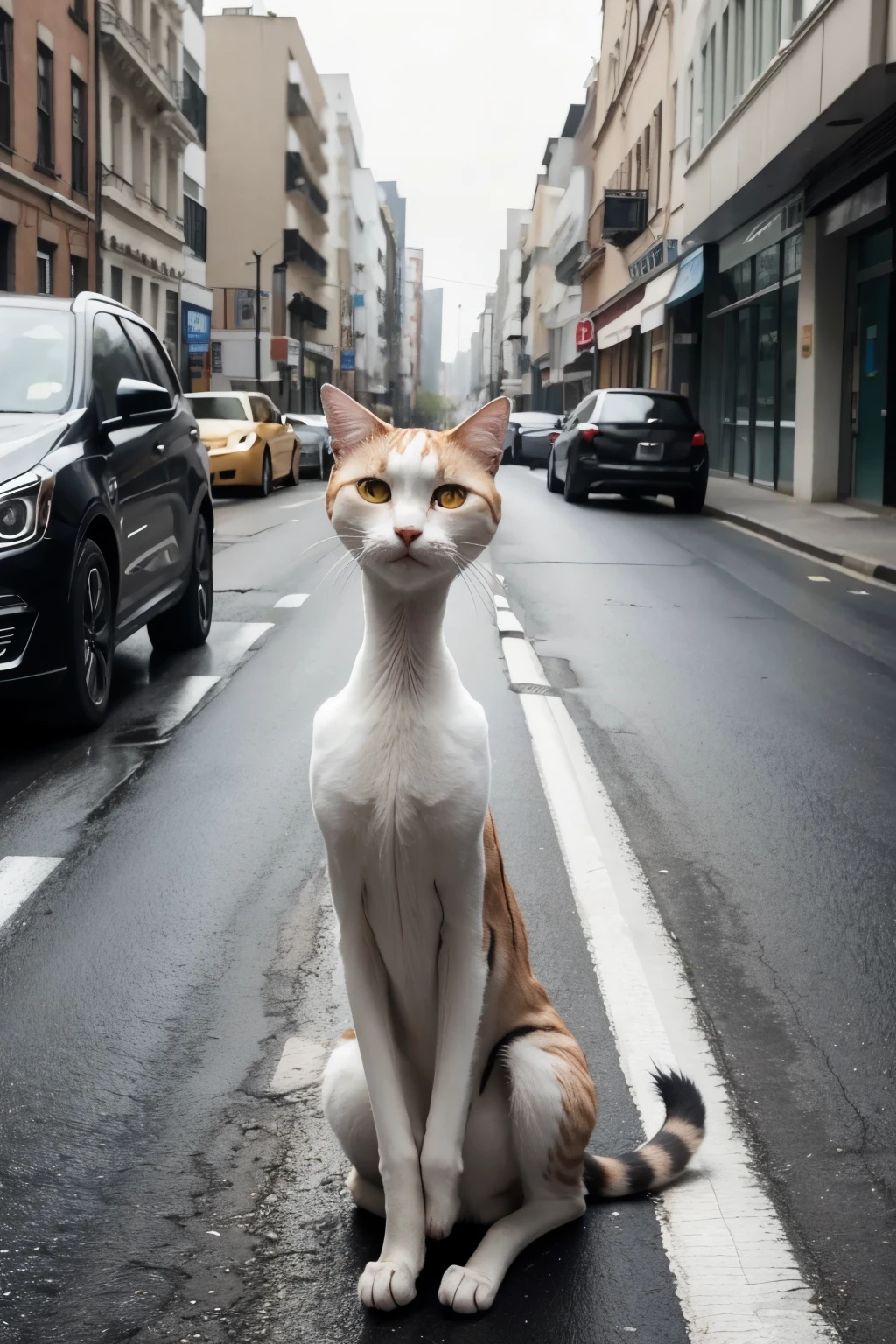 an extremely thin cat with very strong bones, with many tears streaming down his face, on the street with storm and cars on the road.