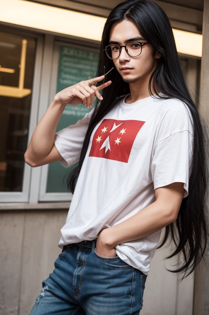 student man with long black hair, round metal glasses, communist shirt and 70s clothes