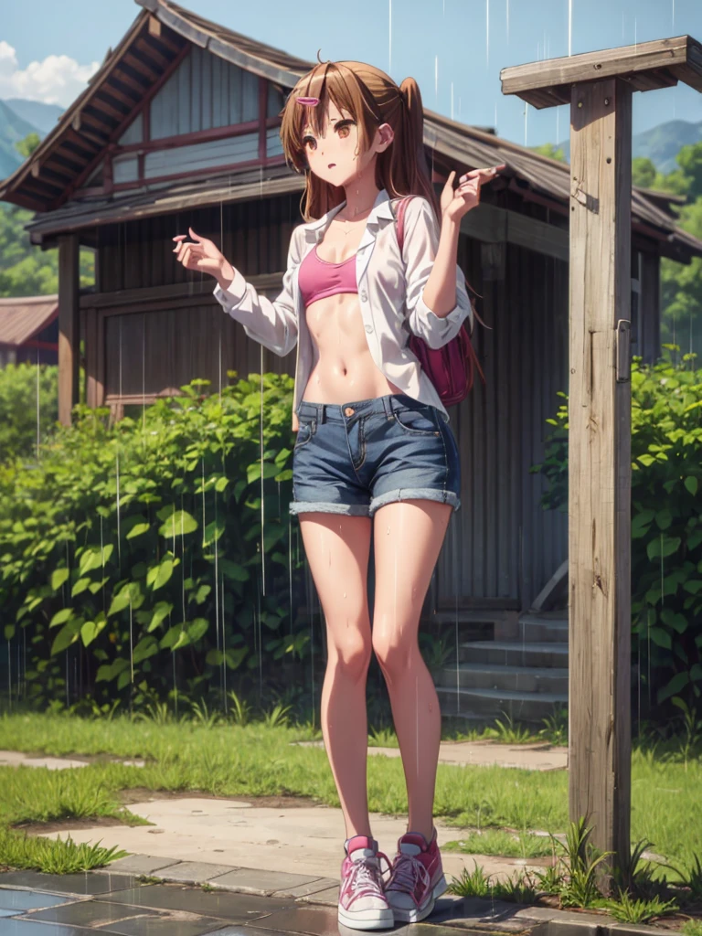 Girl,  Shirt unbuttoned, You can see her breasts, Bus stop in the Rice fields  background, openlegs, Bare chest, small breast, slim body, Sneakers , wet body, Wet hair, rain