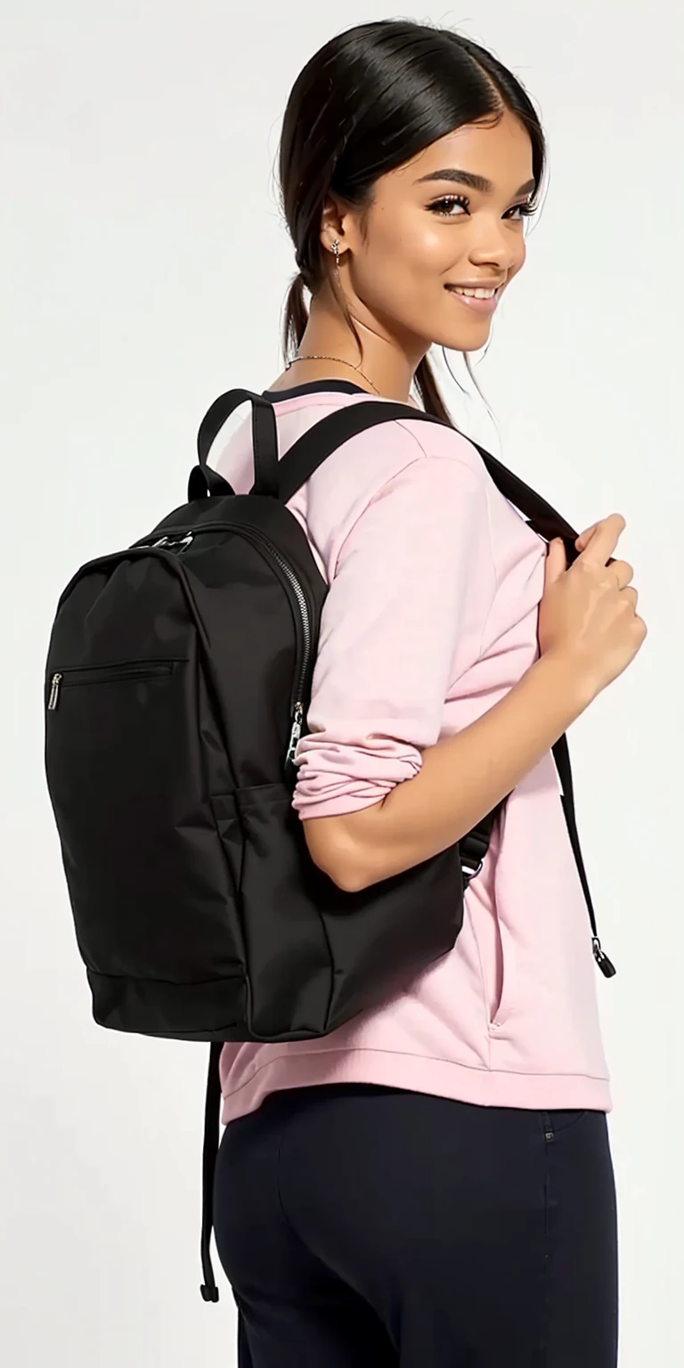 a woman in a pink shirt and black schoolbag posing for a picture, schoolbag, with a schoolbag, school if, ifs, a schoolbag, with two front pockets, remote control disco schoolbag, a man wearing a schoolbag, if, the man have a schoolbag, Puffer coat, fashionable, wearing strawberry schoolbag, item, facing backwards, small, back view