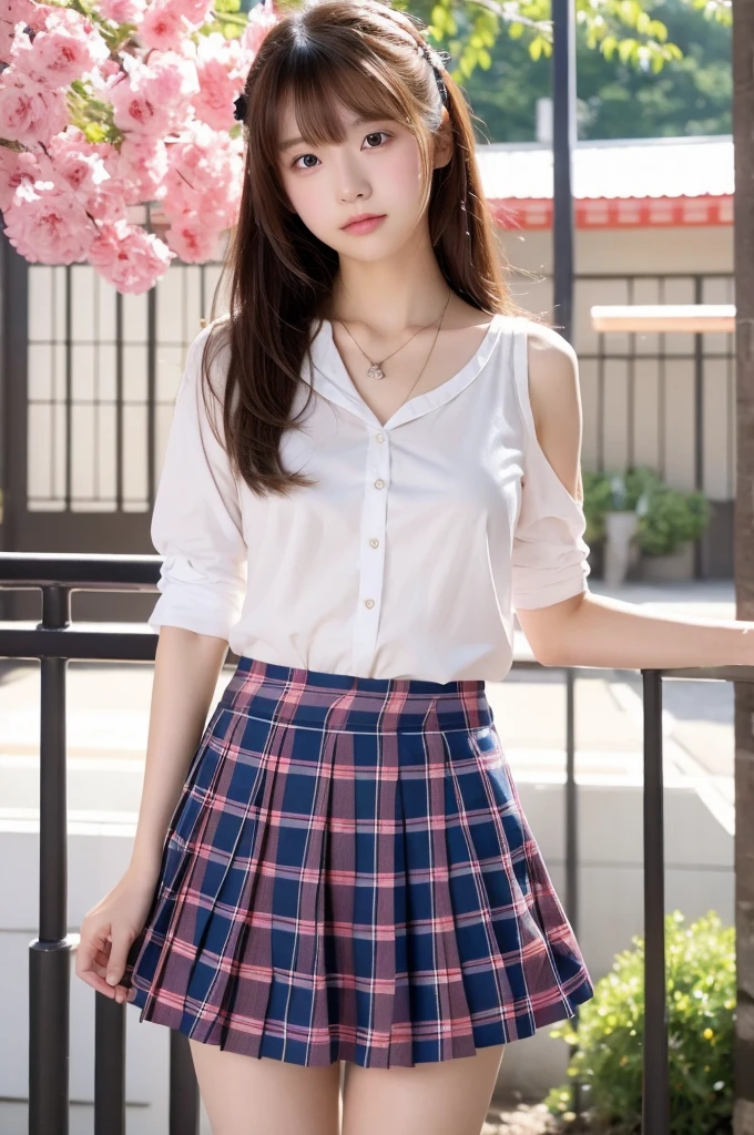 (Are standing_Split:1.2),  Checkered Skirt，Blue and white underwear, topless, , Light red, , A cute and vivid skirt, Straight bangs, Medium Hair、Shrine maiden, Japanese high school girl like in the photo,　Pale-skinned girl, , , necklace, ************, , , ,, 8K, , Plain eyes、, realistic breasts, , realistic girl, beautiful girl、kawaii junior high school student、I am studying, Brown Hair、Cheerleader、ribbon、, ｱｲﾄﾞﾙｽﾃｰｼﾞ,